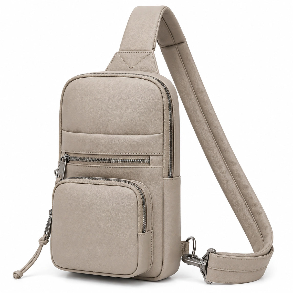 Bolso bandolera gris con múltiples compartimentos y cremallera