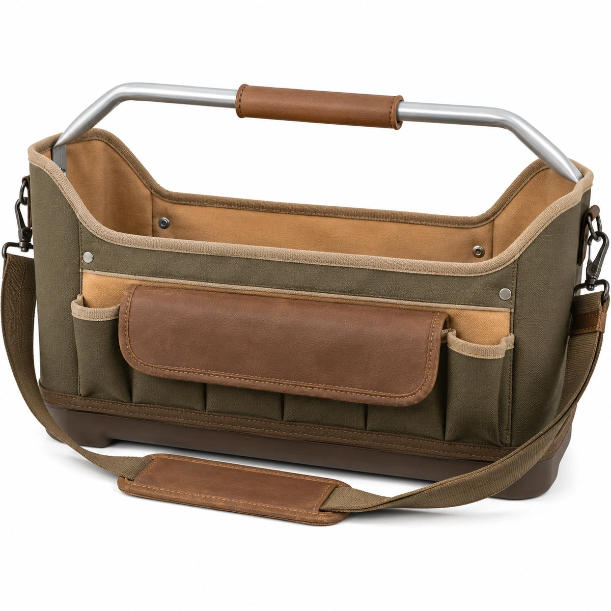 Bolsa organizadora de herramientas verde oliva y marrón con mango ergonómico