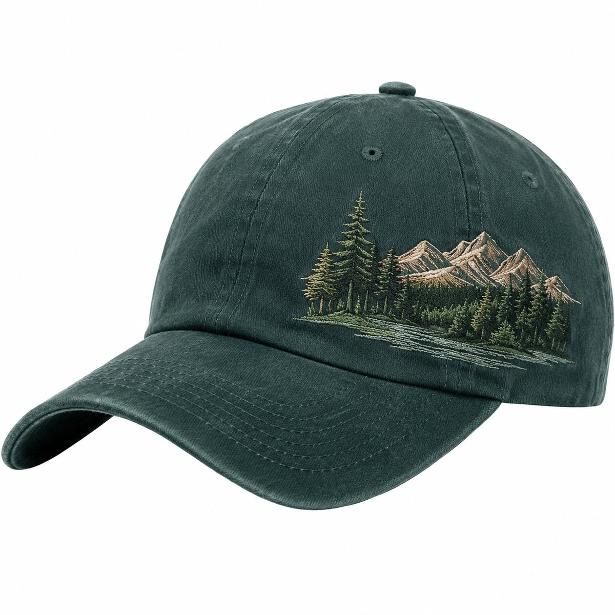 Gorra con Bordado de Montaña Verde Oscuro