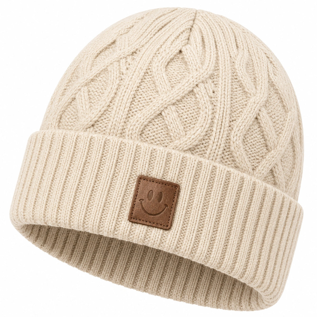 Gorro de Punto Trenzado Beige con Emblema de Cara Sonriente