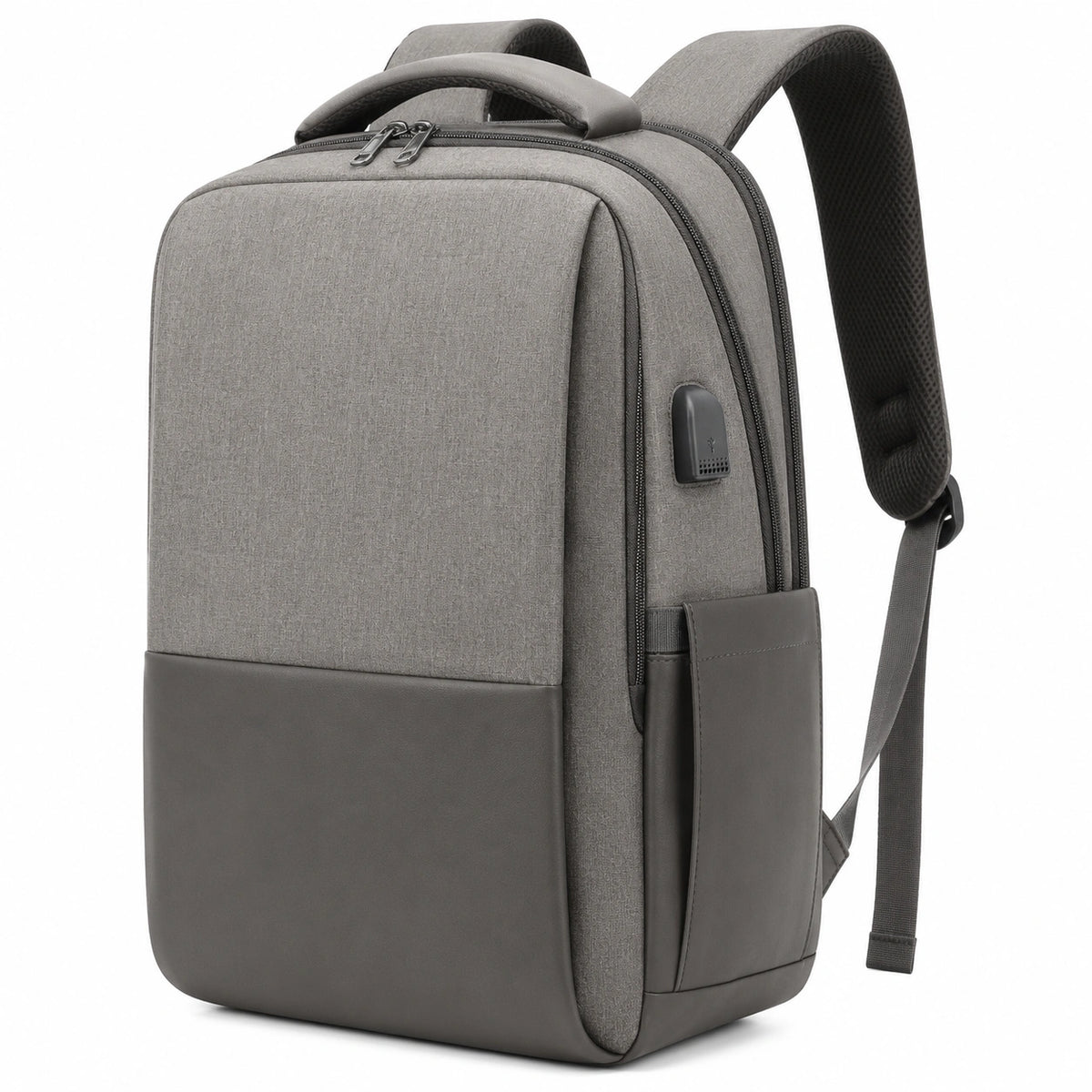Mochila gris con puerto USB y múltiples compartimentos