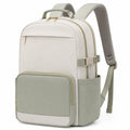 Mochila escolar unisex beige y verde con múltiples compartimentos