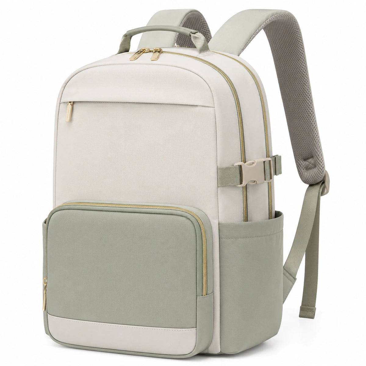 Mochila escolar unisex beige y verde con múltiples compartimentos