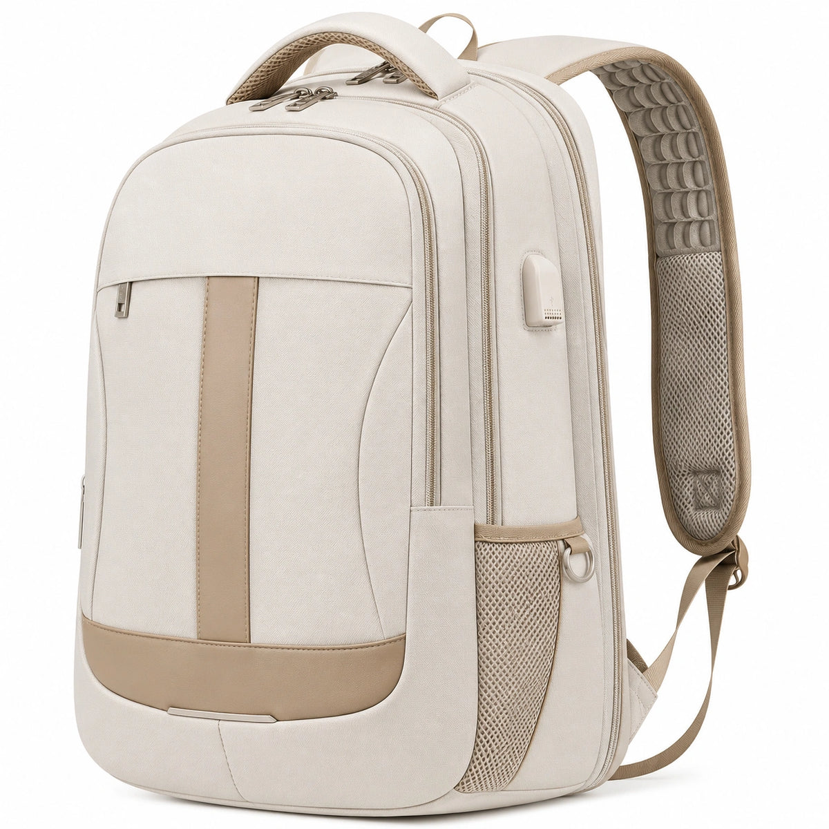 Mochila beige para portátil con puerto USB y gran capacidad