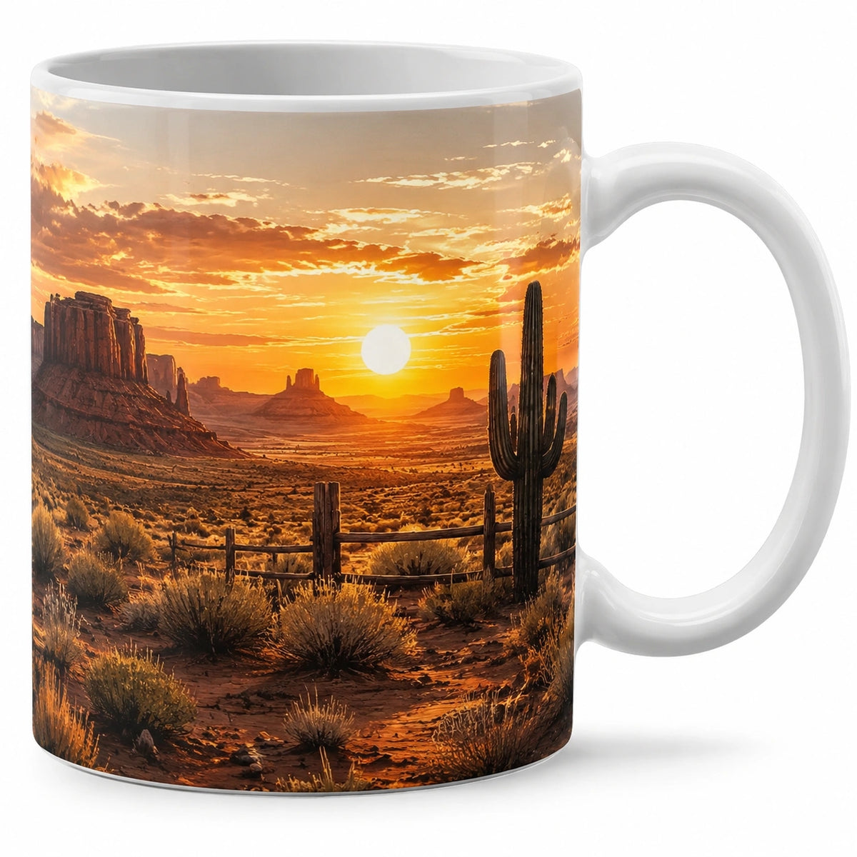 Taza de café con diseño de atardecer desértico