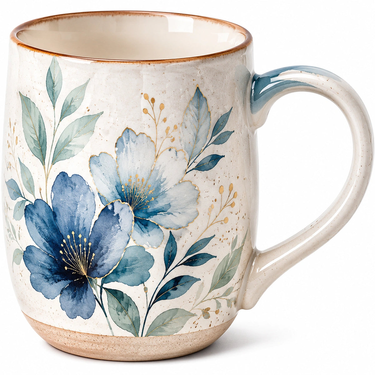 Taza de cerámica con diseño floral azul y blanco