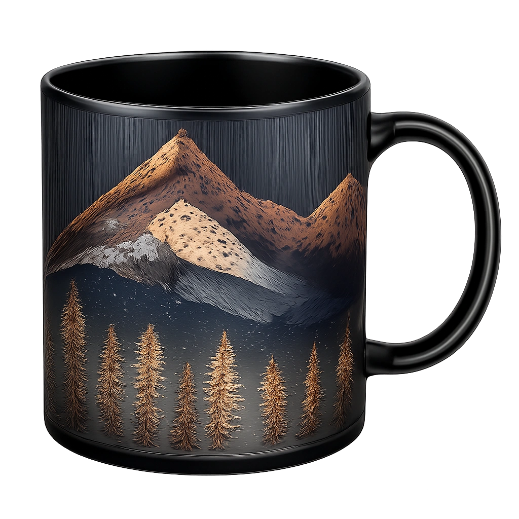 Taza de cerámica con diseño de paisaje montañoso - Negro/Marrón