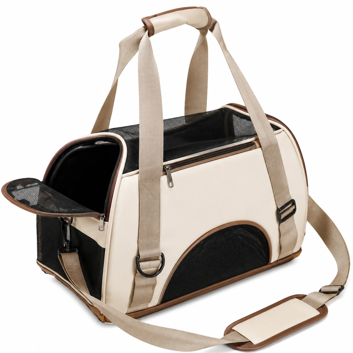Bolsa de Transporte para Mascotas Beige con Ventilación y Correa Ajustable