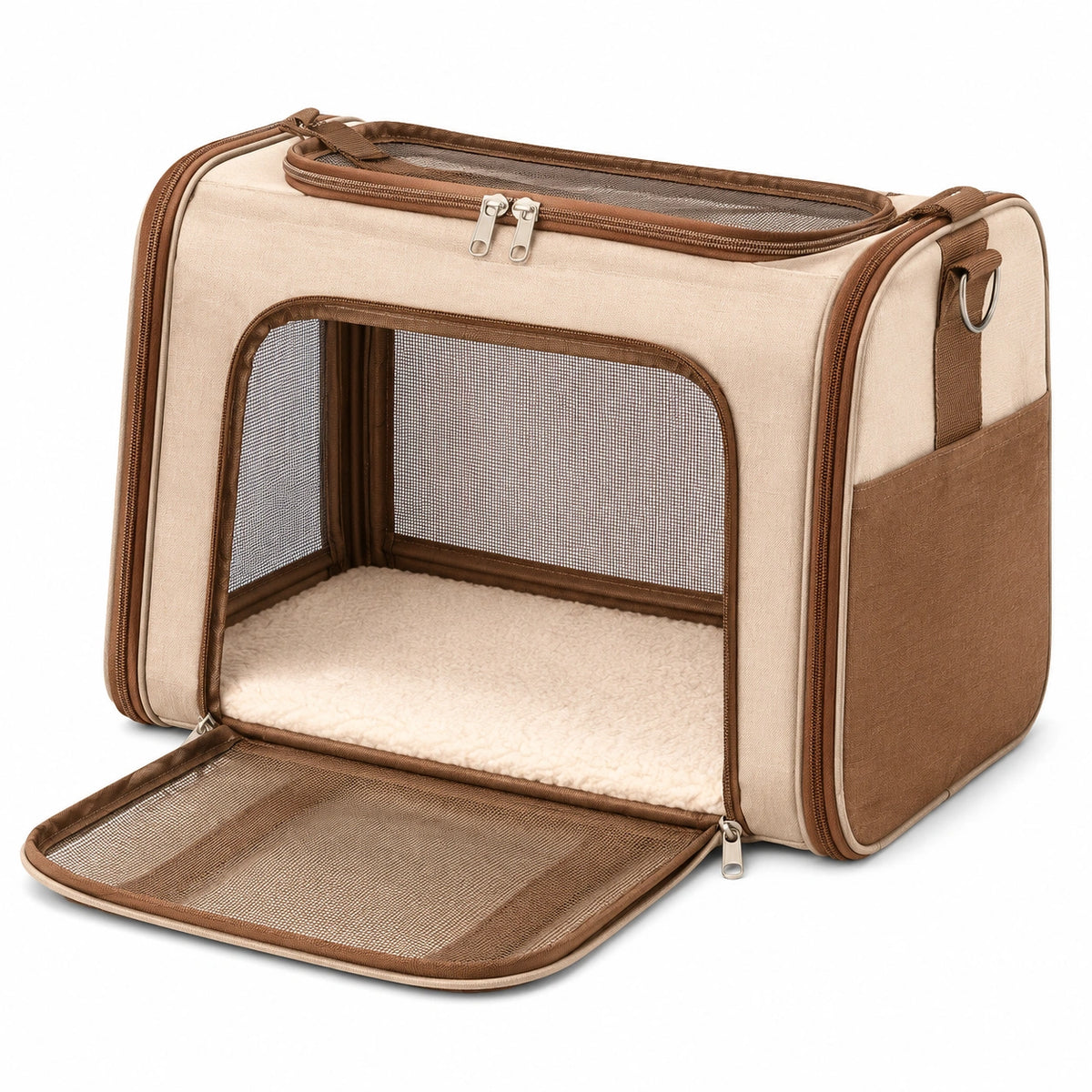 Transportín plegable para mascotas en beige y marrón